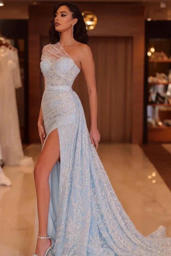 Long Mermaid One Shoulder Satin Sequined Formal Prom Dresses with Slit by BIZTUNNEL