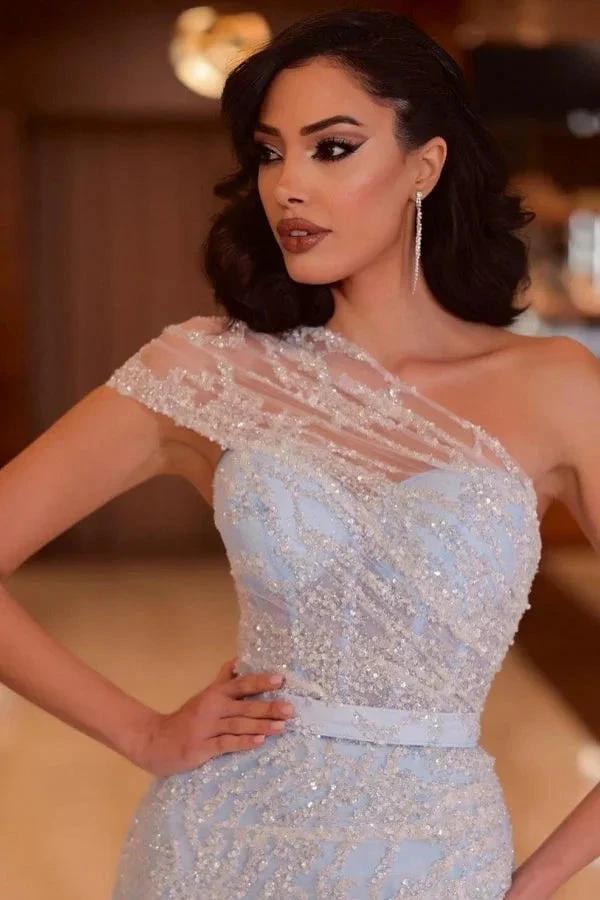Long Mermaid One Shoulder Satin Sequined Formal Prom Dresses with Slit by BIZTUNNEL