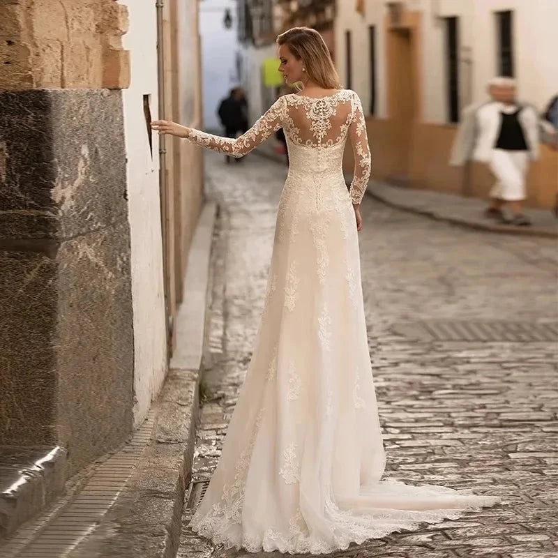 Long Sleeve Lace Mermaid Wedding Dresses V-Neck Tulle Bridal Gown For Women With For Women Made Robe De Mariee Customize by payinti