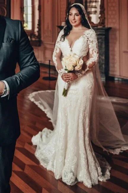Long Sleeve V-Neck Lace A-Line Stain Wedding Dresses with Ruffles by misshow.com