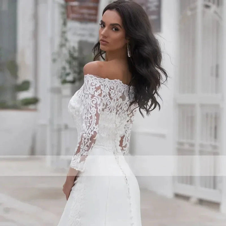 Long Sleeves Lace Wedding Dress For Women Brides Sexy Boat Neck Mermaid Appliques Bridal Gown Custom Made by payinti