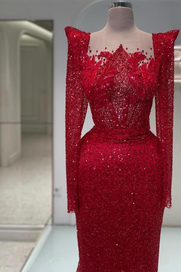 Exquisite Square Neck Long Sleeves Sequined Mermaid Prom Dresses by BIZTUNNEL