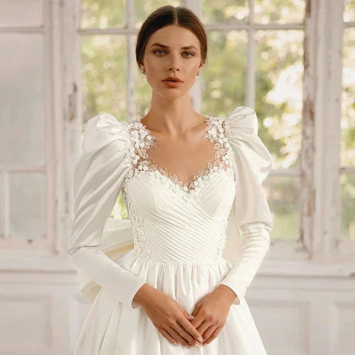 Long Sleeves Satin Wedding Dresses For Women With Bow Bridal Gowns Sweetheart Vestido De Noiva Robe Floor Length Custom 2023 by payinti
