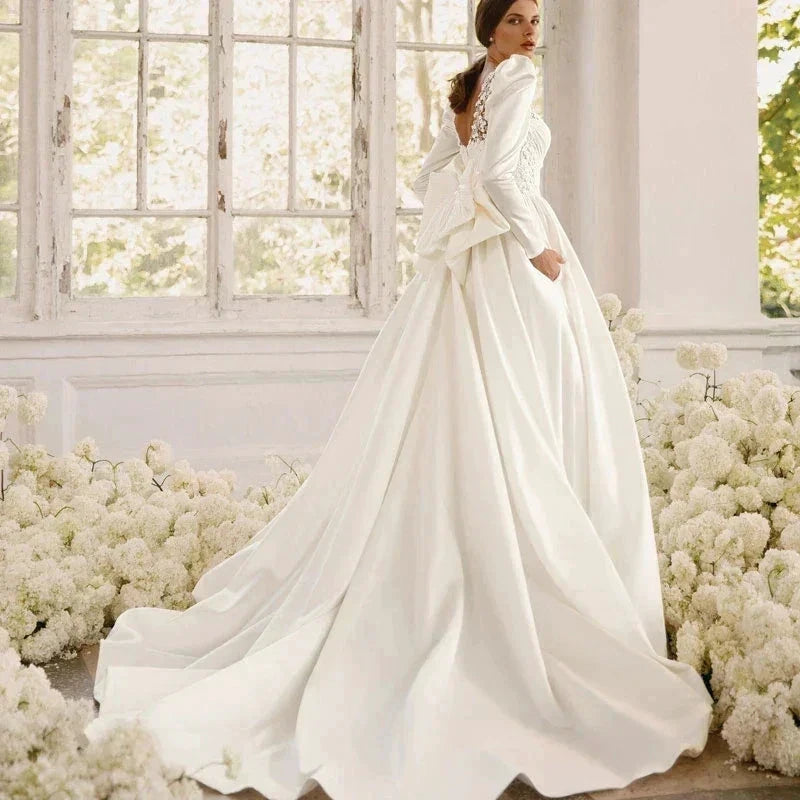 Long Sleeves Satin Wedding Dresses For Women With Bow Bridal Gowns Sweetheart Vestido De Noiva Robe Floor Length Custom 2023 by payinti
