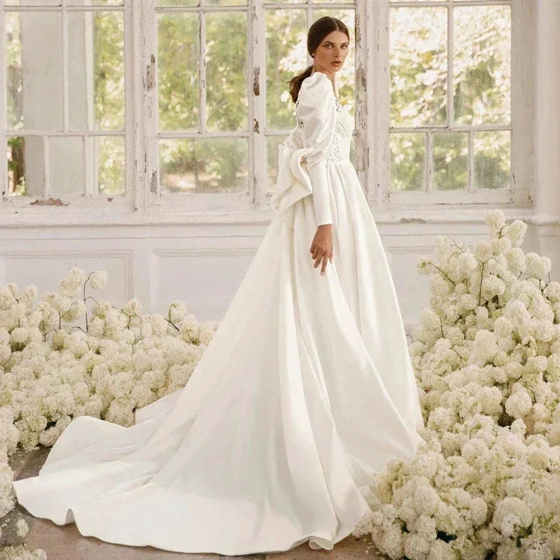 Long Sleeves Satin Wedding Dresses For Women With Bow Bridal Gowns Sweetheart Vestido De Noiva Robe Floor Length Custom 2023 by payinti