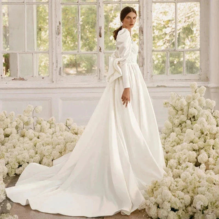 Long Sleeves Satin Wedding Dresses For Women With Bow Bridal Gowns Sweetheart Vestido De Noiva Robe Floor Length Custom 2023 by payinti