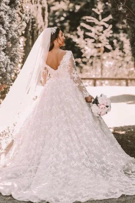 Long sleeves Lace round neck Ball gown Wedding Dress by misshow.com