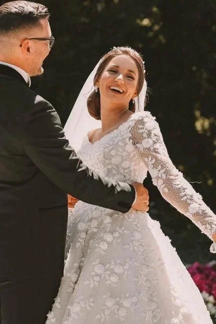 Long sleeves Lace round neck Ball gown Wedding Dress by misshow.com