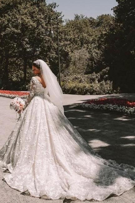Long sleeves Lace round neck Ball gown Wedding Dress by misshow.com