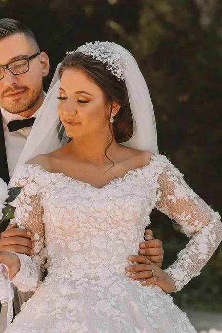 Long sleeves Lace round neck Ball gown Wedding Dress by misshow.com