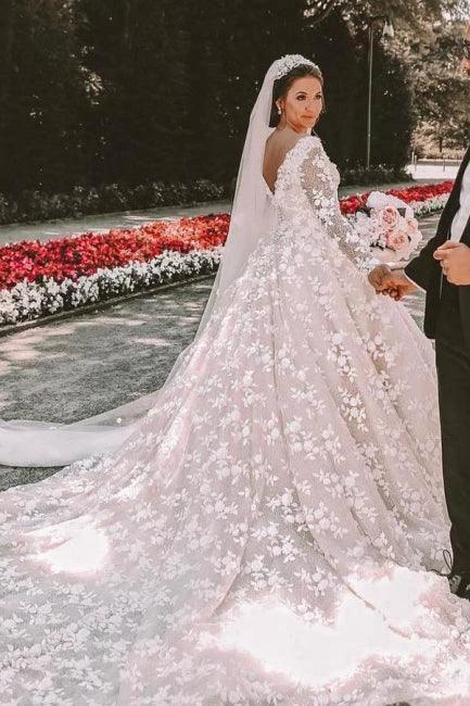 Long sleeves Lace round neck Ball gown Wedding Dress by misshow.com