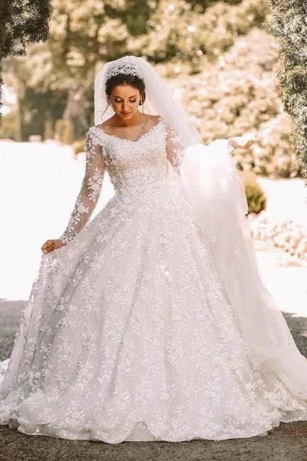 Long sleeves Lace round neck Ball gown Wedding Dress by misshow.com