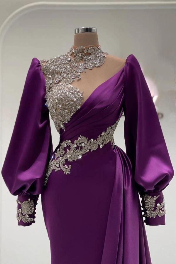 Glamorous Long Sleeves High Neck Satin Mermaid Prom Dresses by BIZTUNNEL