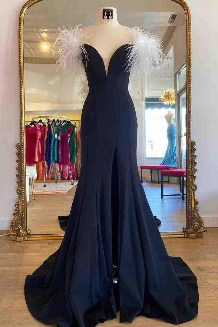 High Slit Prom Dress With White Feather SYP117 by vivymakudress