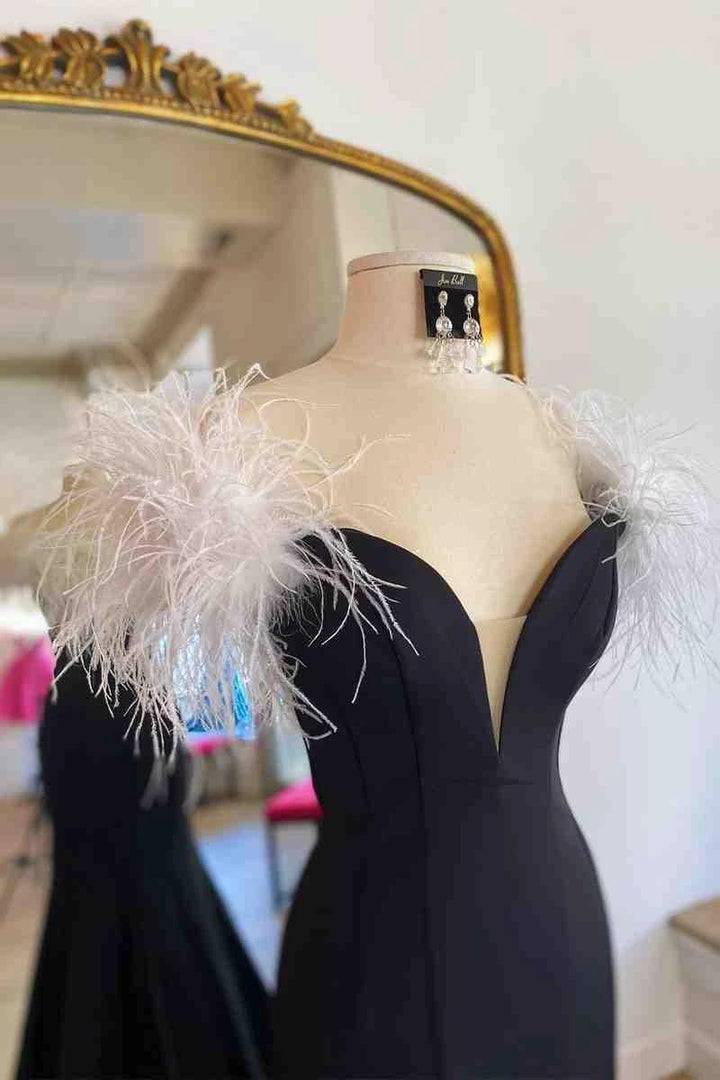 High Slit Prom Dress With White Feather SYP117 by vivymakudress