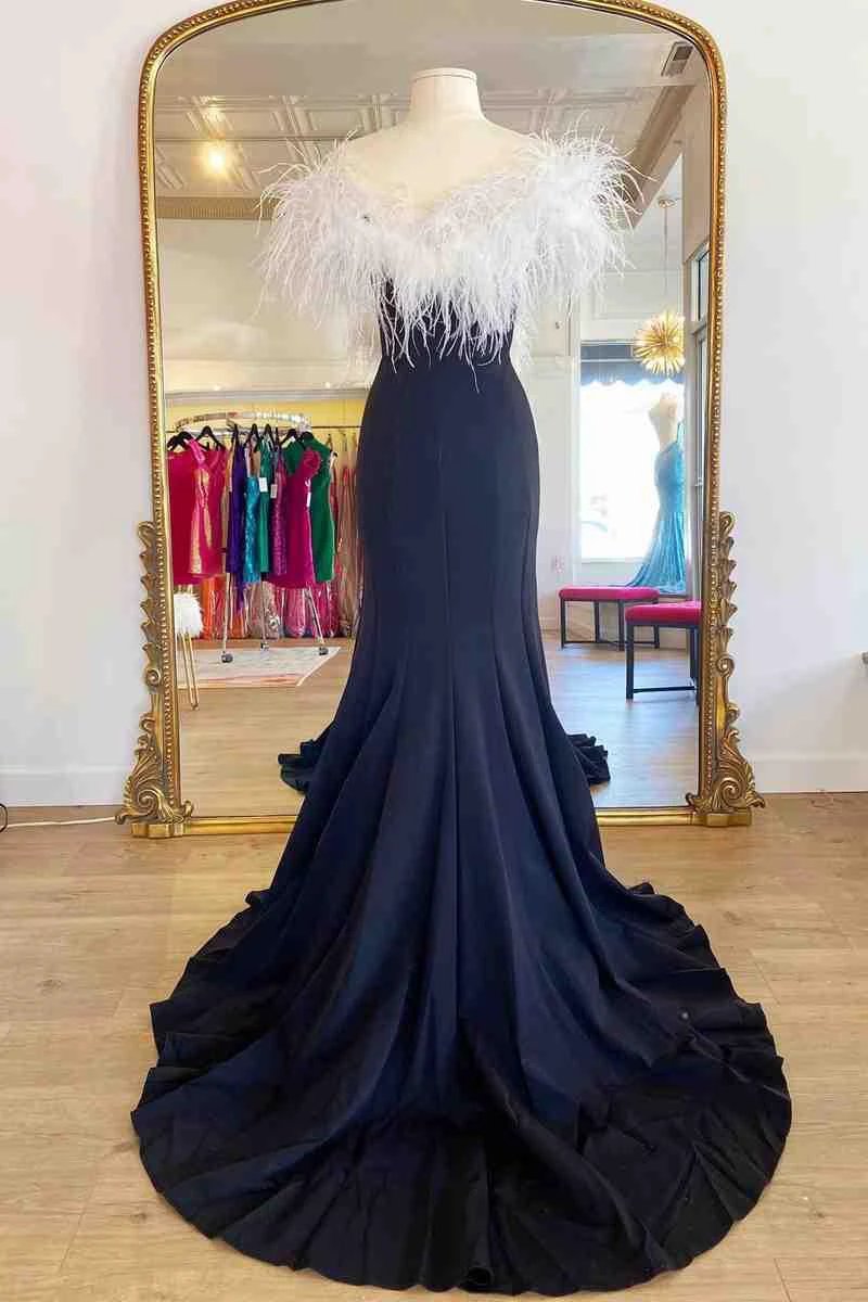 High Slit Prom Dress With White Feather SYP117 by vivymakudress