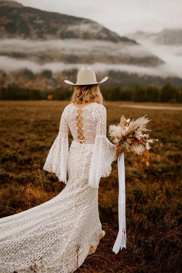 Long Sleeve Lace Wedding Dresses Lace Up Back Beach Wedding Dress WD547 by pgmdress
