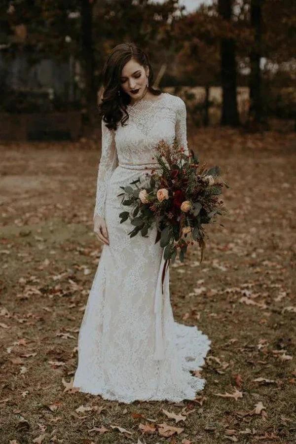 Long Sleeve Vintage Wedding Dress Backless Rustic Bridal Gown WD730 by pgmdress