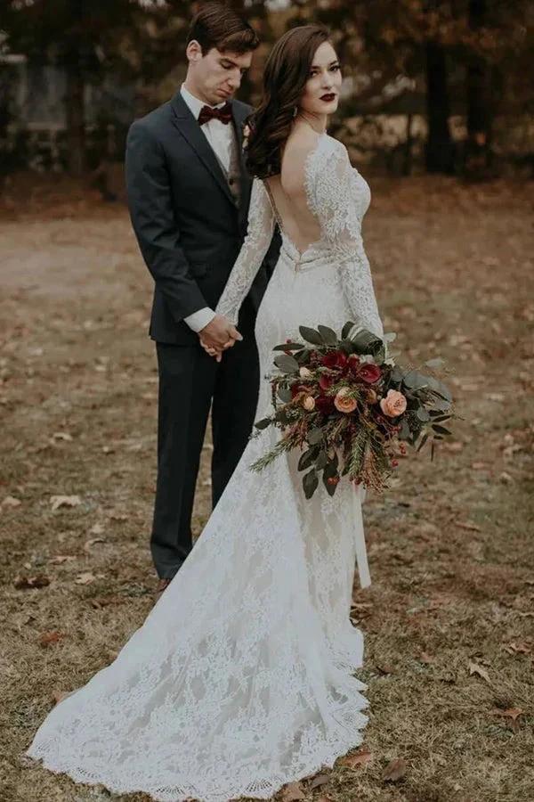 Long Sleeve Vintage Wedding Dress Backless Rustic Bridal Gown WD730 by pgmdress