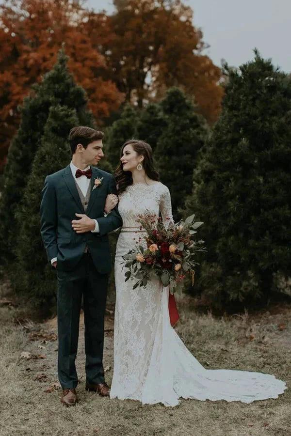 Long Sleeve Vintage Wedding Dress Backless Rustic Bridal Gown WD730 by pgmdress