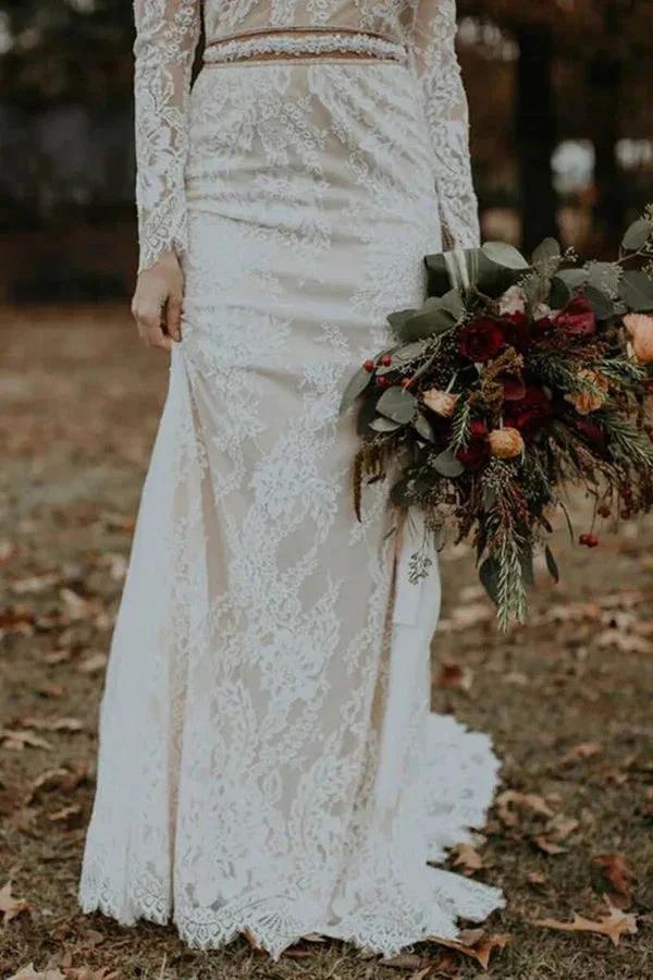 Long Sleeve Vintage Wedding Dress Backless Rustic Bridal Gown WD730 by pgmdress