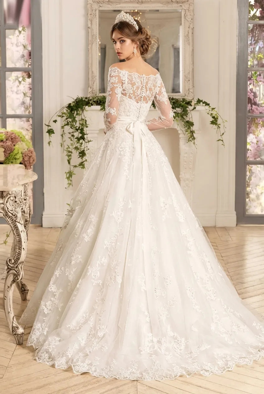 Langes, schulterfreies A-Linien-Brautkleid aus Tüllspitze mit Ärmeln