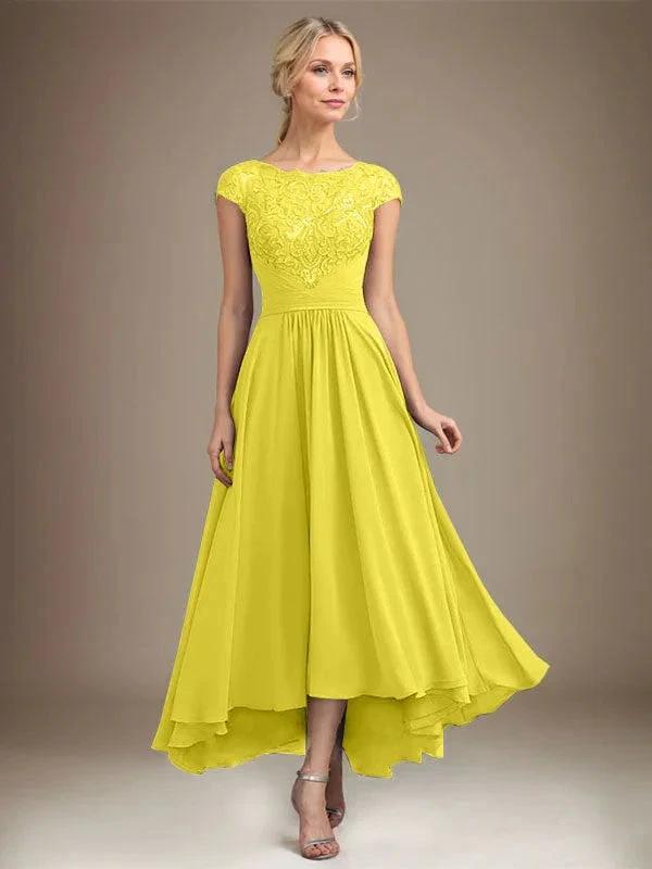 A-line Scoop Illusion Asymmetrical Lace Chiffon Mother of the Bride Dress With Pleated by Dreamylily