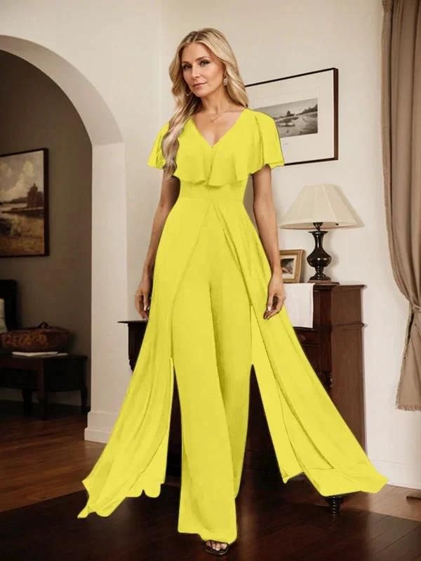 Jumpsuit/Pantsuit V-Neck Floor-Length Chiffon Evening Dress by Dreamylily
