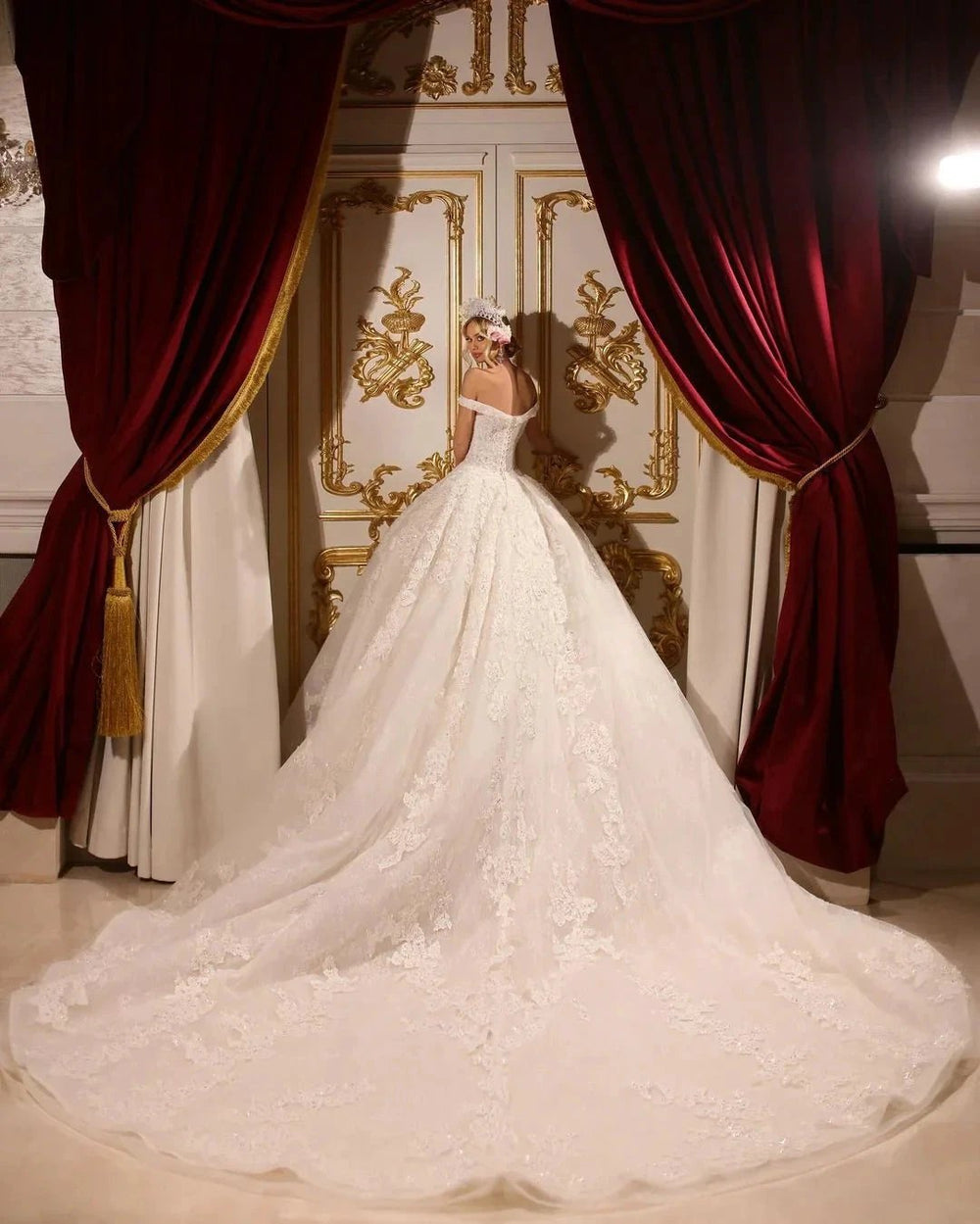 Luxurious A-line Long Off-the-shoulder Appliques Beading Wedding Dress With Train by misshow.com