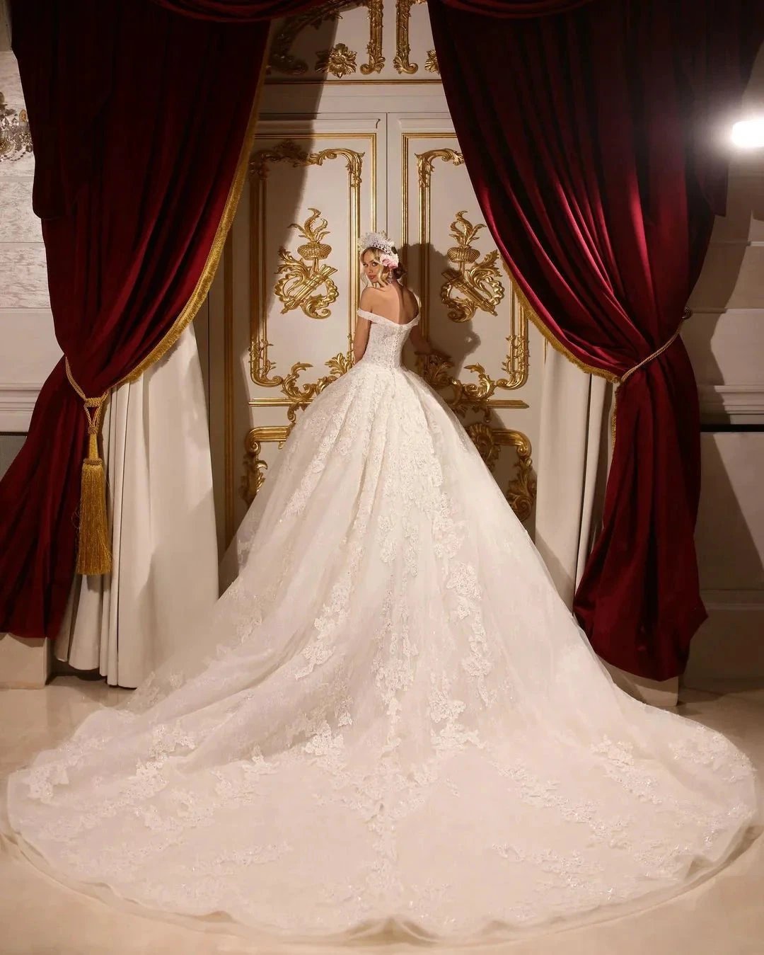Luxurious A-line Long Off-the-shoulder Appliques Beading Wedding Dress With Train by misshow.com
