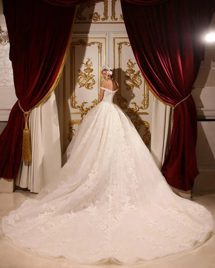 Luxurious A-line Long Off-the-shoulder Appliques Beading Wedding Dress With Train by misshow.com