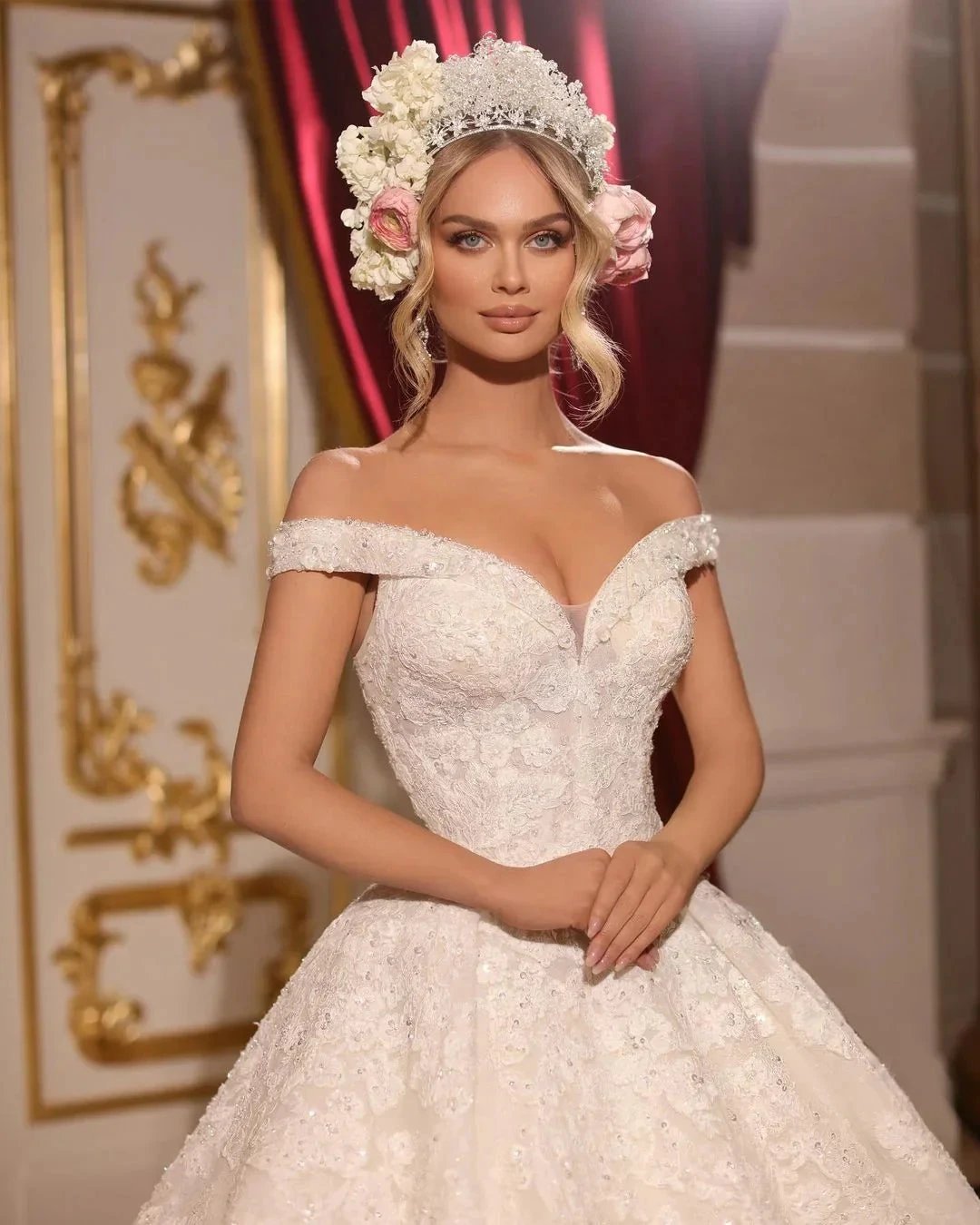 Luxurious A-line Long Off-the-shoulder Appliques Beading Wedding Dress With Train by misshow.com