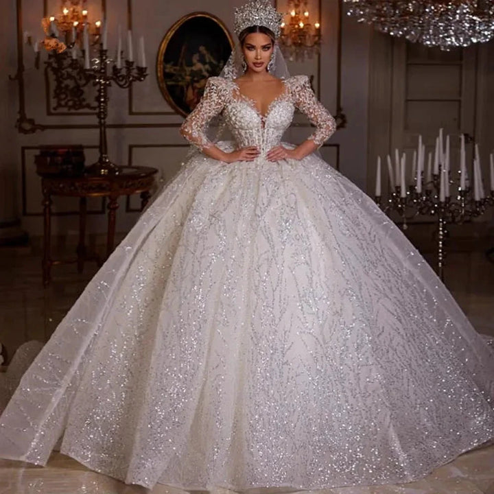 Luxurious Ball Gown Sparkly Wedding Dresses 2023 V Neck Long Sleeve Robe De Mariee Lace Beaded Princess Glitter Vestido De Novia by payinti