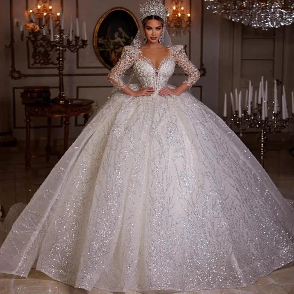 Luxurious Ball Gown Sparkly Wedding Dresses 2023 V Neck Long Sleeve Robe De Mariee Lace Beaded Princess Glitter Vestido De Novia by payinti