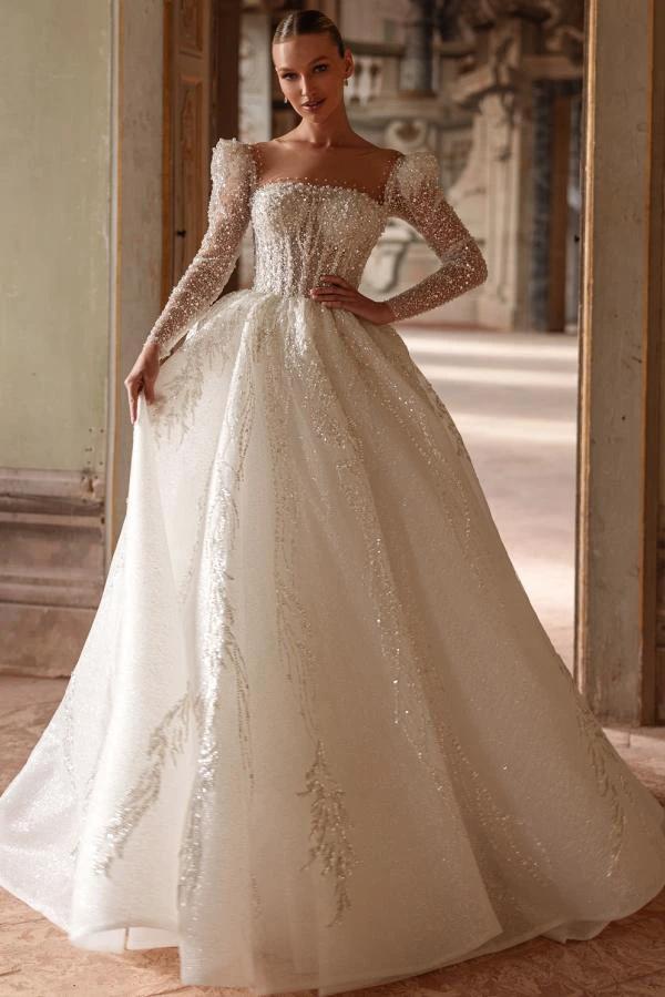 Luxurious Long Ivory A Line Square Neck Lace Beading Wedding Dress With Sleeves by BIZTUNNEL