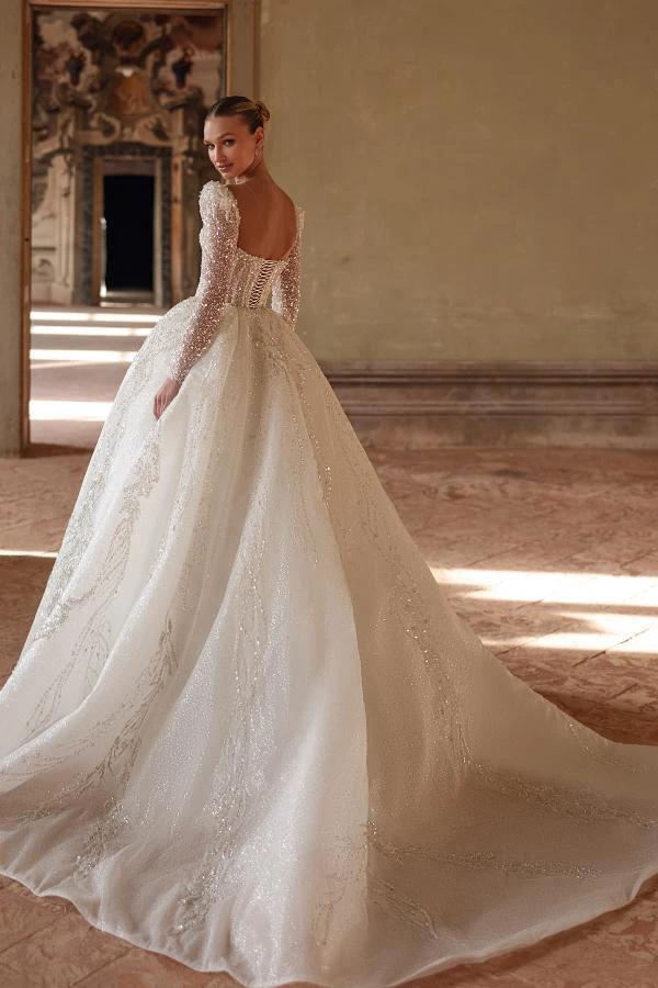Luxurious Long Ivory A Line Square Neck Lace Beading Wedding Dress With Sleeves by BIZTUNNEL