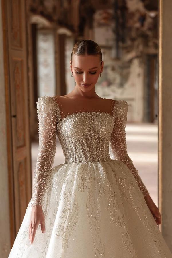 Luxurious Long Ivory A Line Square Neck Lace Beading Wedding Dress With Sleeves by BIZTUNNEL