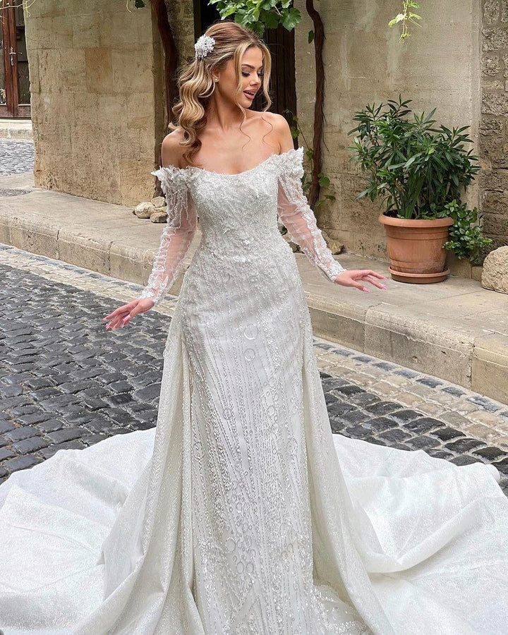 Luxurious Long Ivory Off-the-shoulder Lace Beading Long Sleeves Wedding Dress With Train by misshow.com