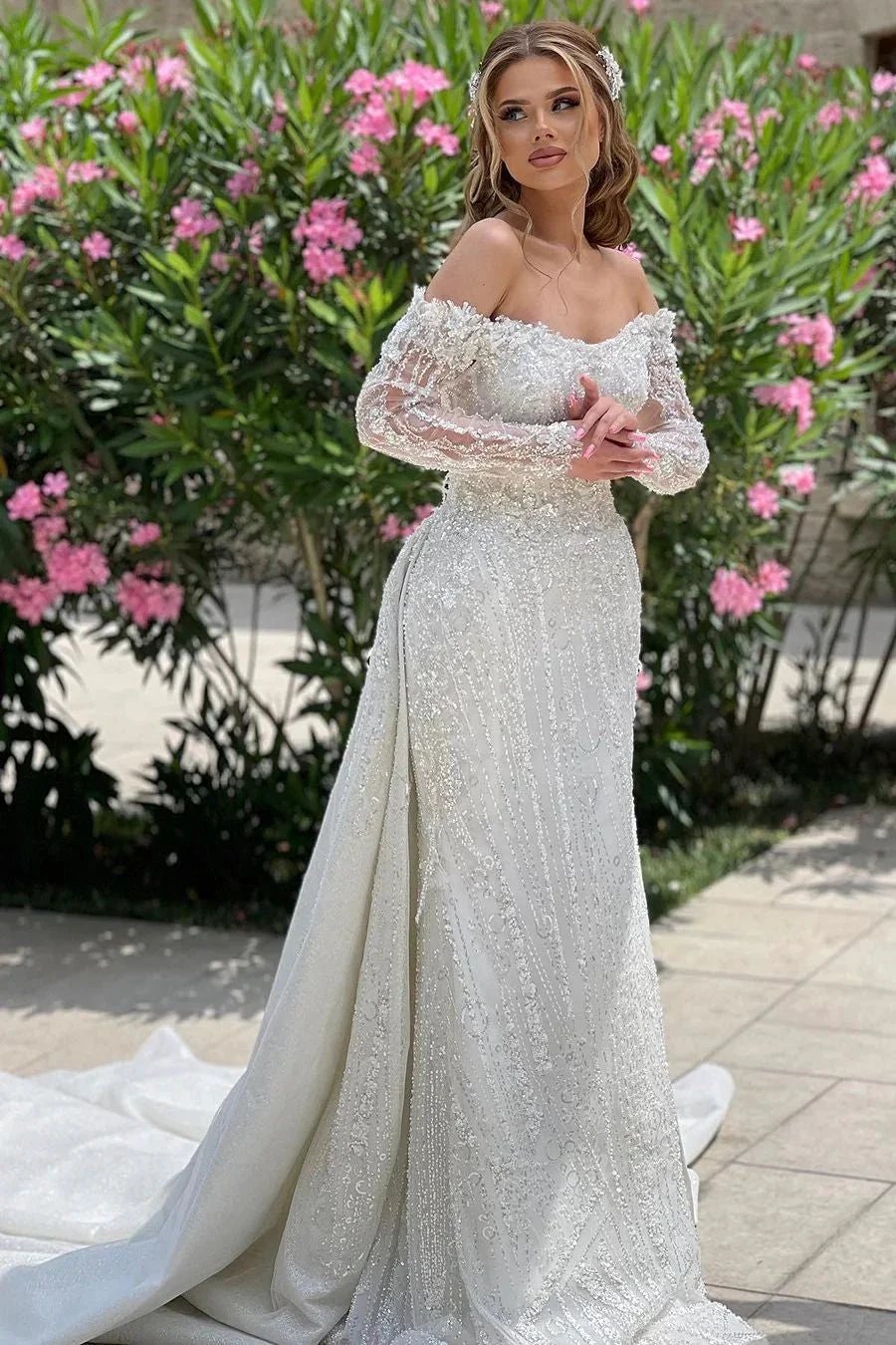 Luxurious Long Ivory Off-the-shoulder Lace Beading Long Sleeves Wedding Dress With Train by misshow.com