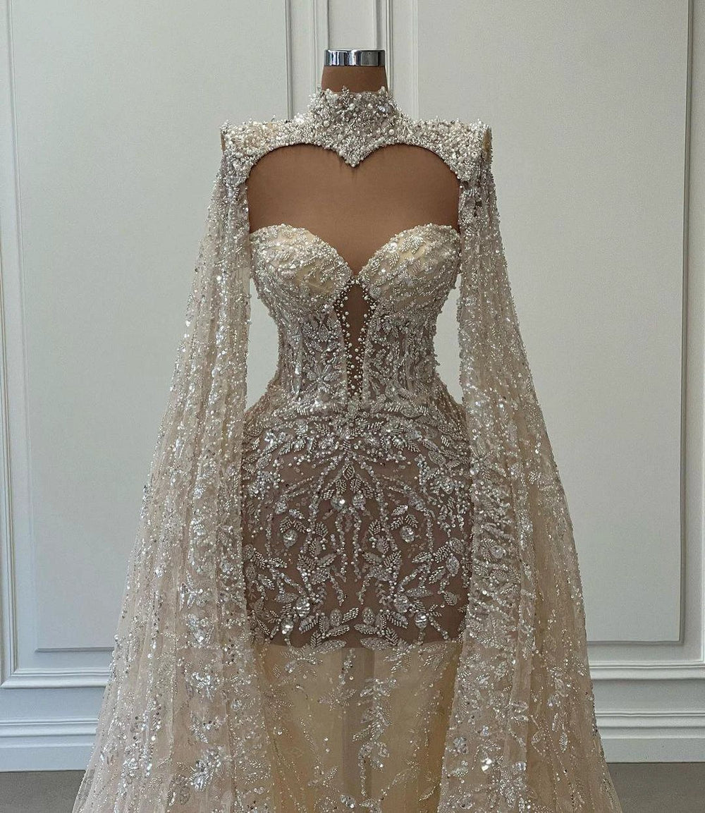 Luxurious Long Mermaid High Neck Glitter Lace Prom Dress With Sleeves by misshow.com