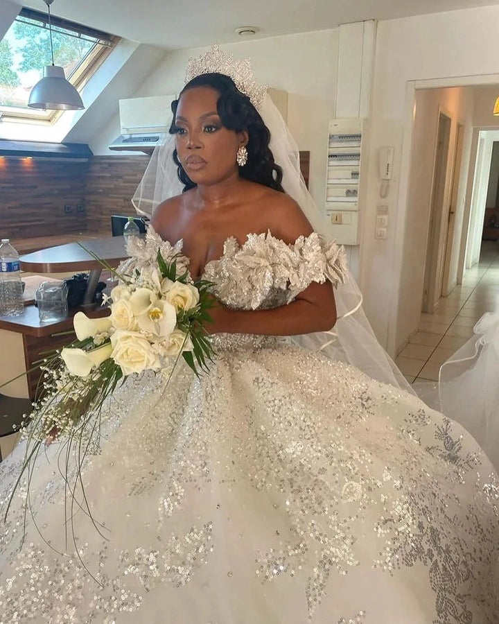 Luxurious Long White A-line Off-the-shoulder Lace Sequined Wedding Dress by misshow.com