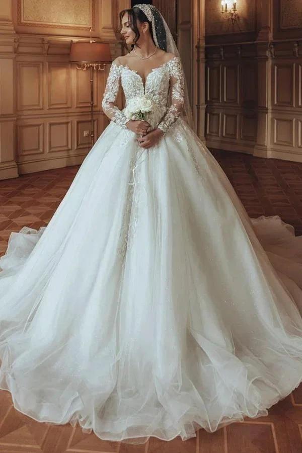 Luxurious Long White Scoop Neck A-Line Tulle Lace Wedding Dress With Sleeves by BIZTUNNEL