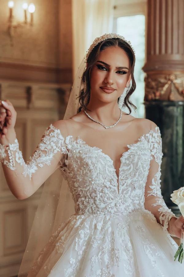 Luxurious Long White Scoop Neck A-Line Tulle Lace Wedding Dress With Sleeves by BIZTUNNEL