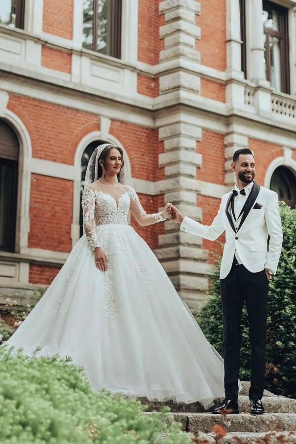 Luxurious Long White Scoop Neck A-Line Tulle Lace Wedding Dress With Sleeves by BIZTUNNEL