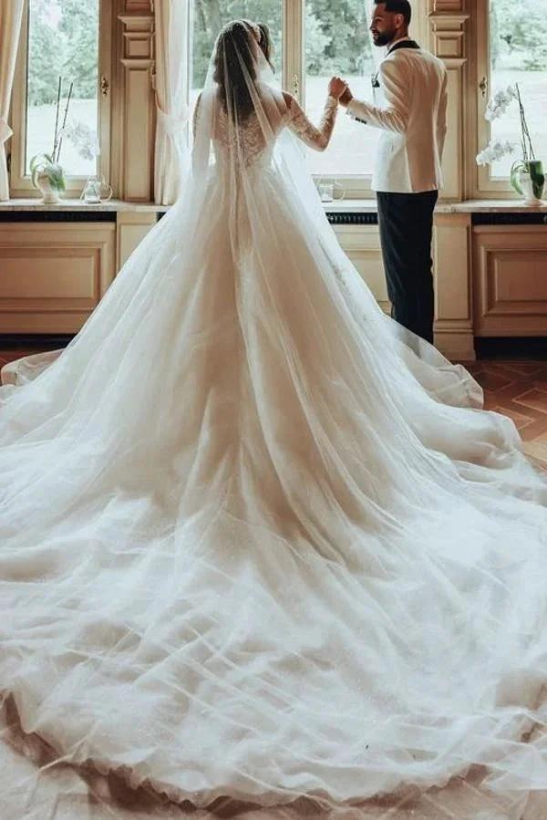 Luxurious Long White Scoop Neck A-Line Tulle Lace Wedding Dress With Sleeves by BIZTUNNEL