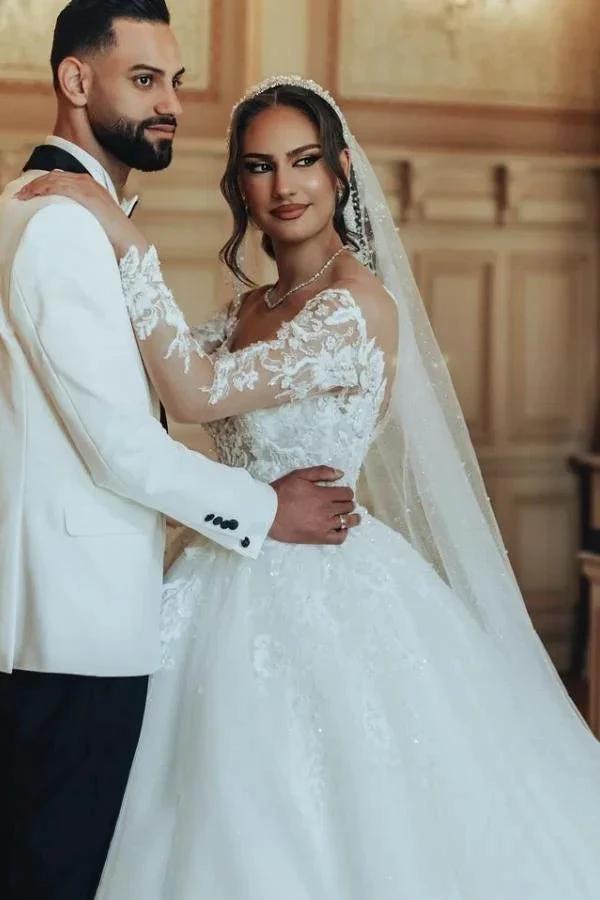 Luxurious Long White Scoop Neck A-Line Tulle Lace Wedding Dress With Sleeves by BIZTUNNEL