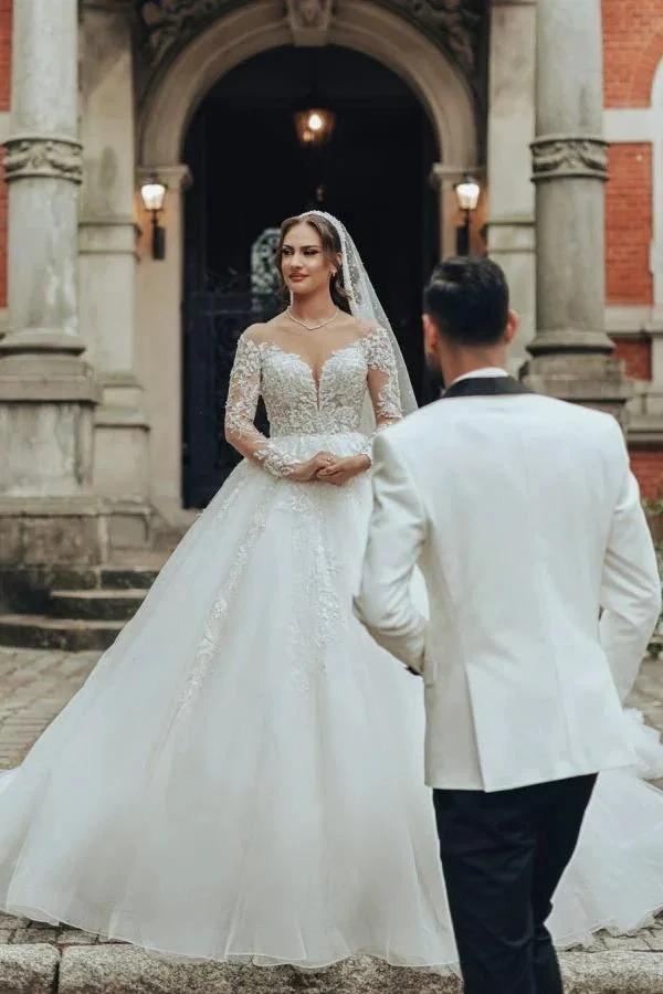 Luxurious Long White Scoop Neck A-Line Tulle Lace Wedding Dress With Sleeves by BIZTUNNEL