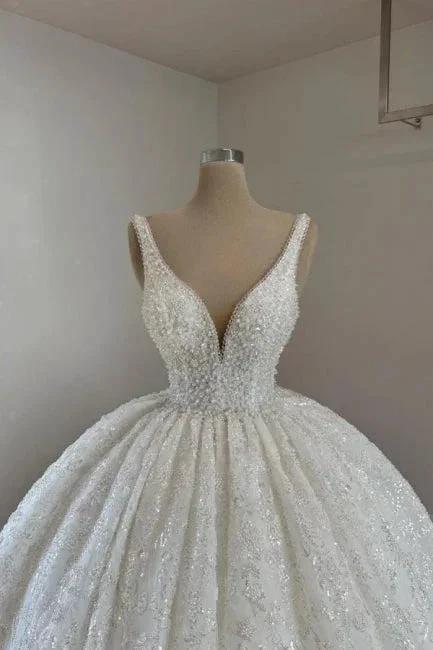 Luxurious Princess Long A-line V-neck Lace Beading Sleeveless Wedding Dresses with Glitter by misshow.com
