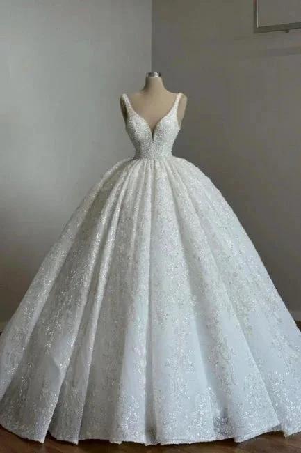 Luxurious Princess Long A-line V-neck Lace Beading Sleeveless Wedding Dresses with Glitter by misshow.com
