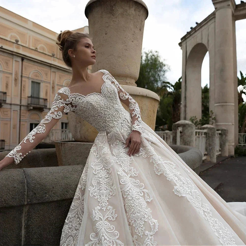 Luxury Lace Applique Wedding Dresses Long Sleeve Women&